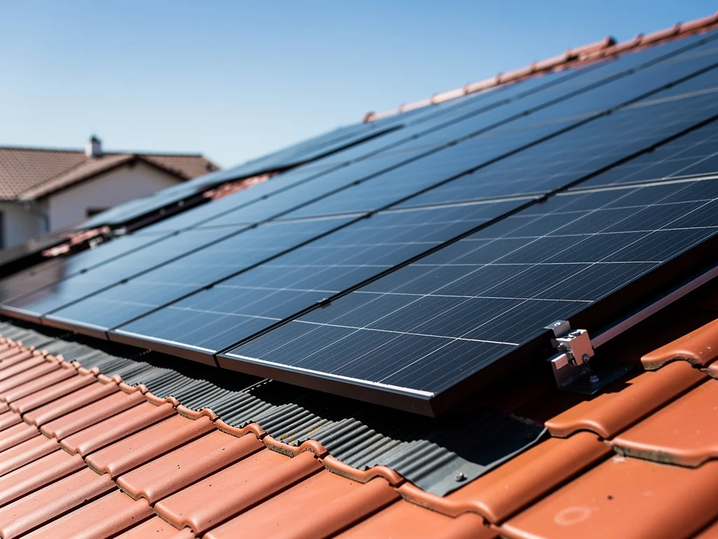 Panneaux photovoltaïques noirs alignés sur une toiture en tuiles rouges