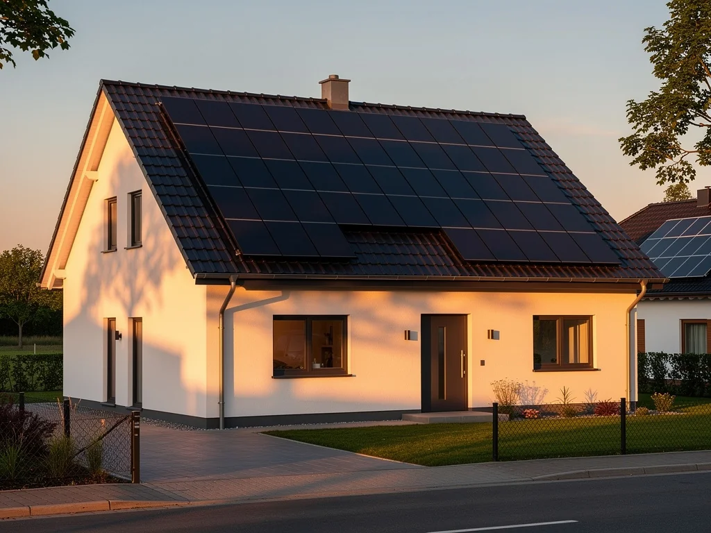 Maison au toit photovoltaïque sous la lumière de fin de journée